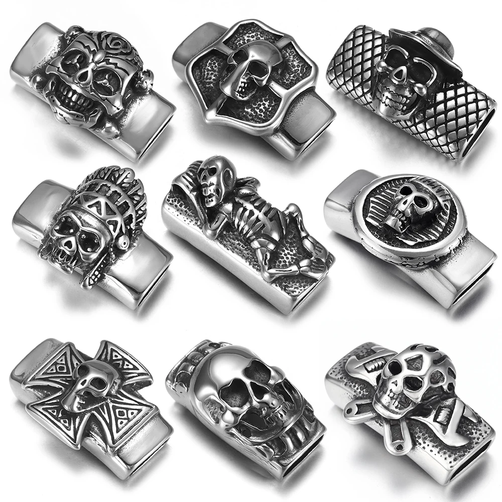 Stainless Steel Punk Slider Beads Skull Viking Slide Charm Fit 12*6mm Flat Leather DIY Men Bracelet Jewelry Making Supplies
