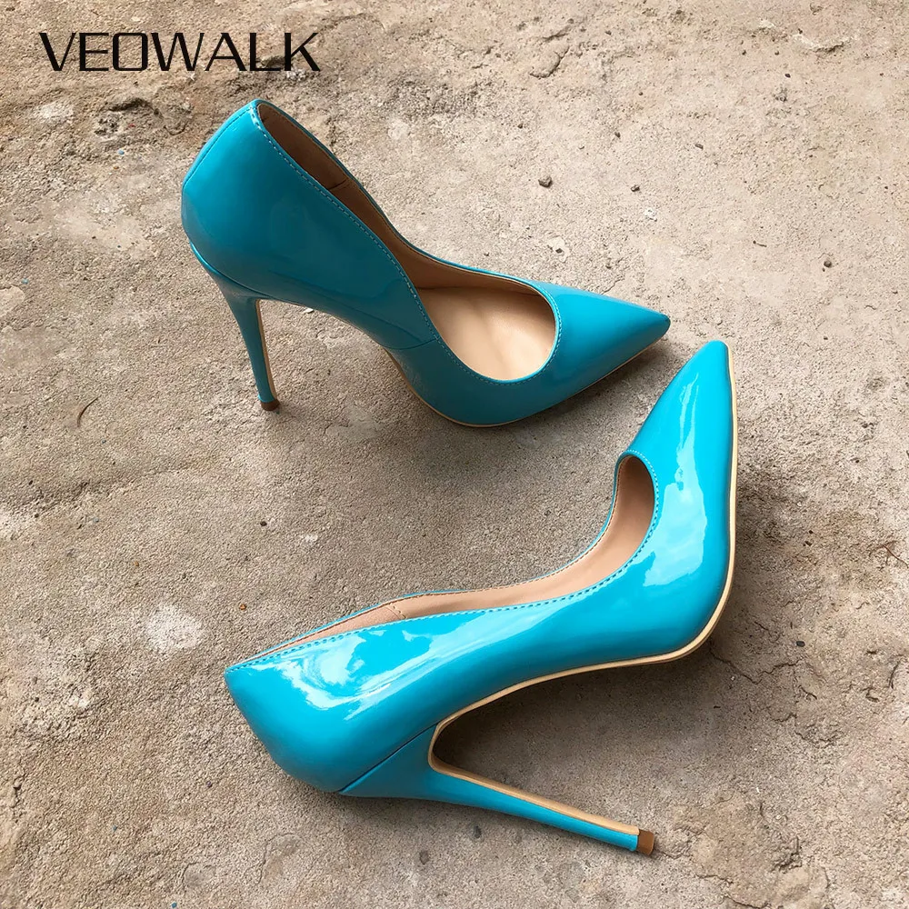 Veowalk Himmel Blau Sexy Frauen Stiletto High Heels Mode Damen Spitz Patent Leder Pumpe Schuhe 8/10/12cm Costomize Akzeptieren