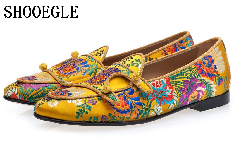 

SHOOEGLE Men Luxury Mixed Colors Embroidered Floral Prom Wedding Shoes Slip On Casual Handmade Shoes Buttoned Men Silk Loafers