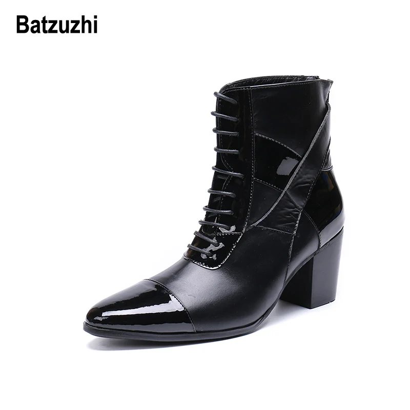 Batzuzhi Limited Edition 7cm High Heel Men Boots Short Pointed Toe Black Leather Dress Boots Men Handsome Lace-up botas hombre