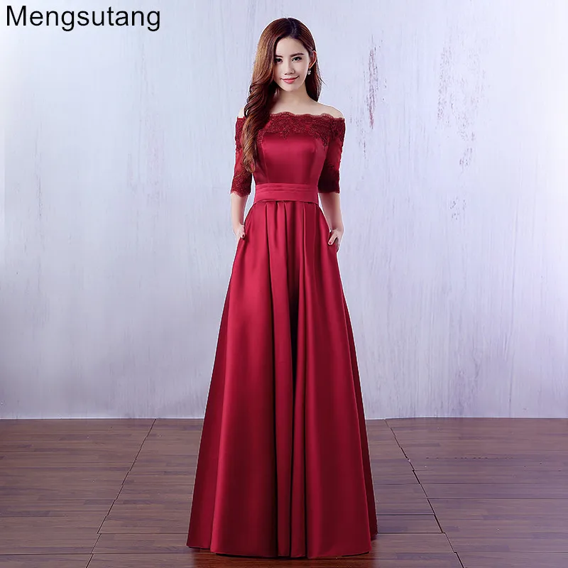 Robe De Soiree 2024 Wine Red Lace Embroidery Luxury Satin Half Sleeved Long Evening Dress Elegant Banquet Prom Dress