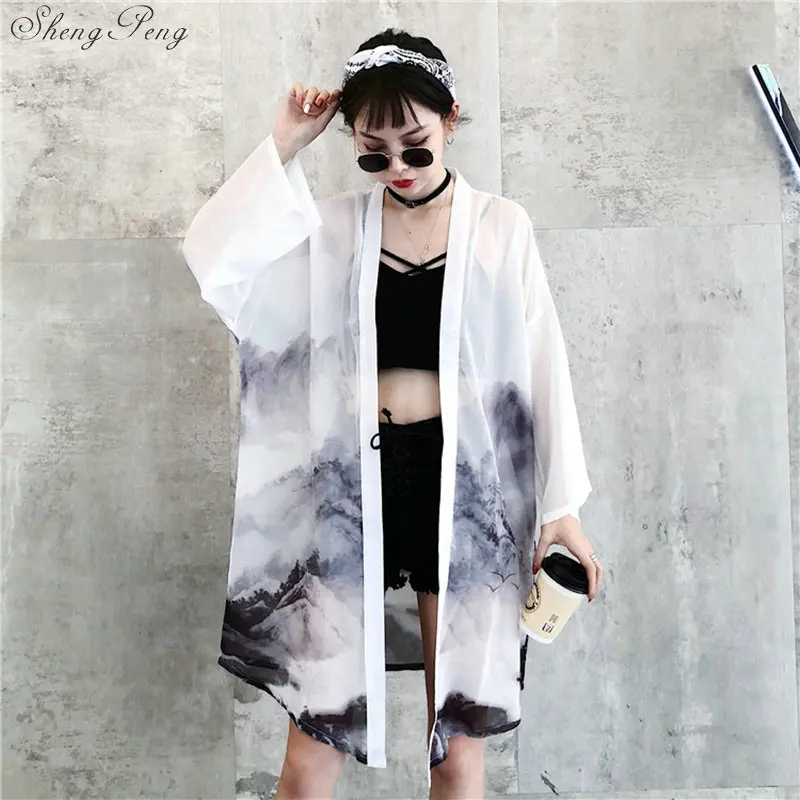 2019 Sunscreen Woman Japanese Traditional Kimono Cardigan Chinese Oriental Ink-wash Painting Thin Robe Coat Haori Outfits G092