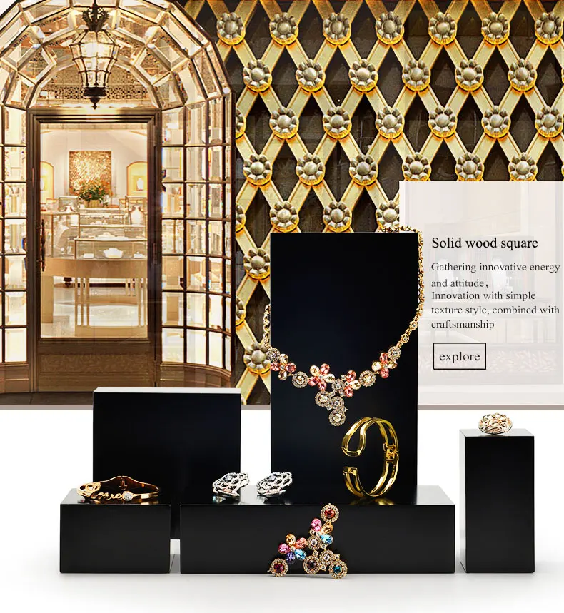 Oirlv Schwarzes Massivholz-Schmuckdisplay-Set, mehrstufige Ständer, Ring-, Ohrring- und Halskettenhalter, Vitrine für Ladentheken. – Detail 1