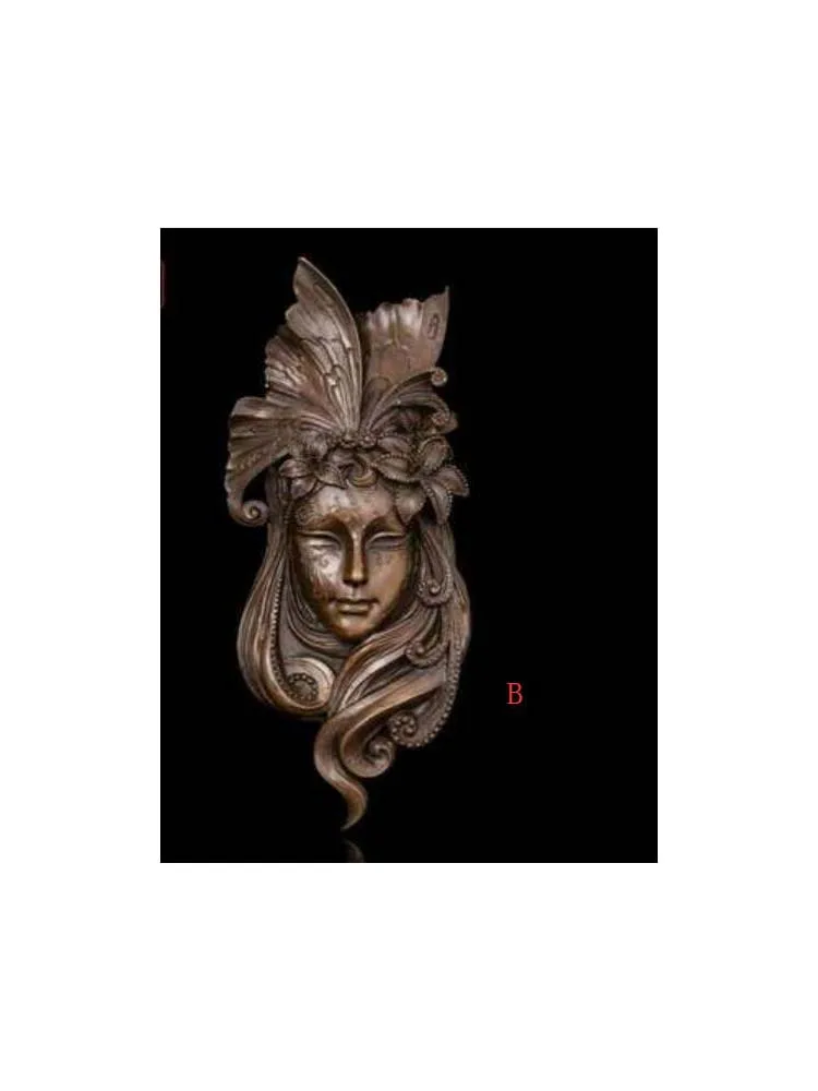 West Art Deco Sculpture Woman Plume Face Mask Wall Ornamentation Bronze Statue