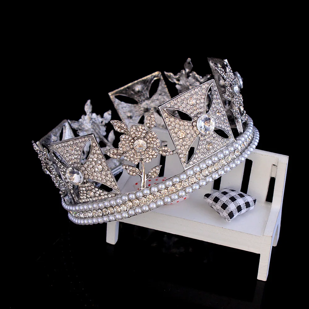 Vintage Flowers Queen Crown Pearl Bridal Hair Jewelry Full Round Crowns Pageant Wedding Headdress Brides Hair Hair Accessories