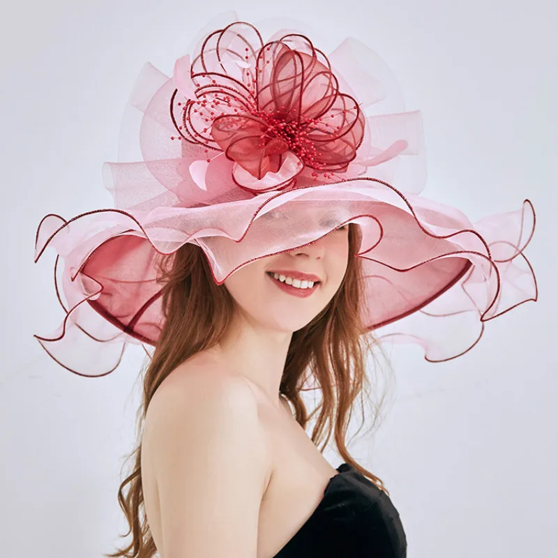 

Women Sunscreen Beach Fedoras Hat Female Summer Organza Feather Flower Fashion Hats Collapsible Sun Foldable Banquet Cap H6500