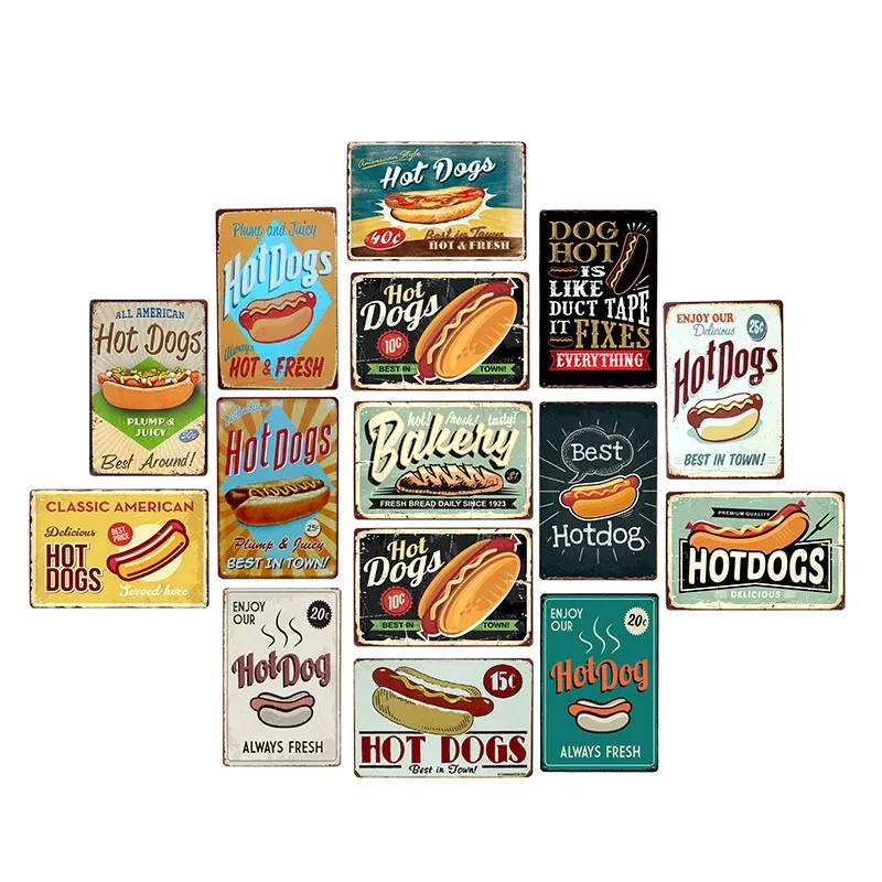 Hot Dogs Retro Tin Sign Hotdog Metal Poster Vintage Plaque Fast Food Hotel Shop Wall Decor 20x30cm