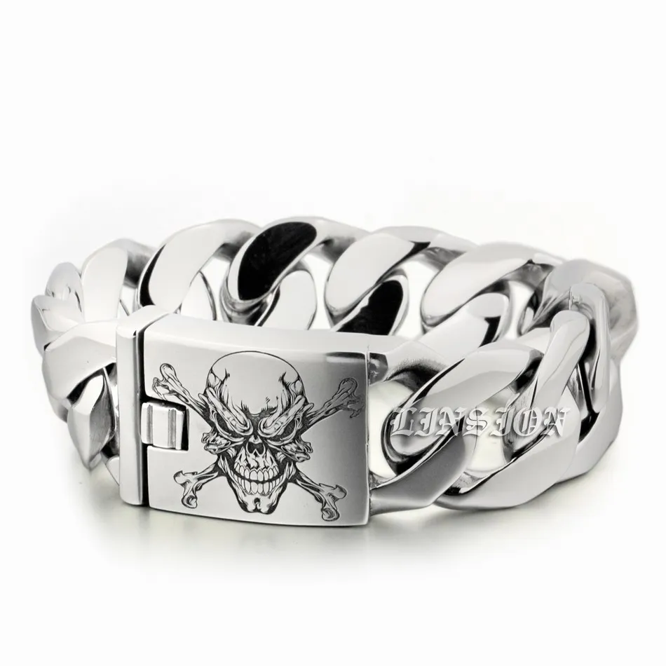 

Deep Engraved Pirate Skull Huge Heavy Stainless Steel Mens Boys Biker Rock Punk Curb Link Bracelet 5C105