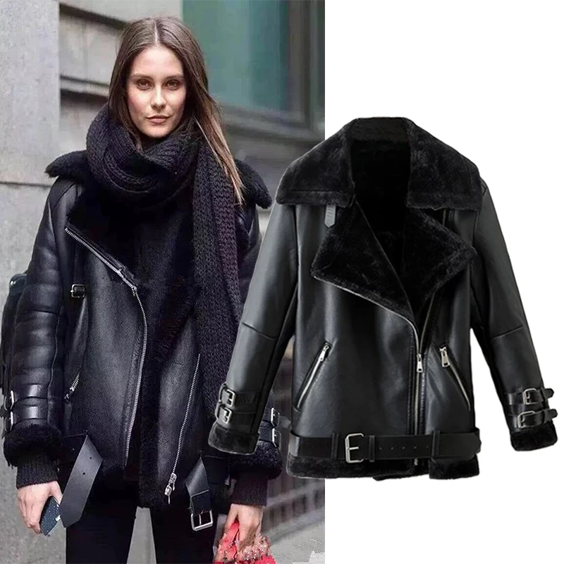 New Winter Women Large Size Leather Jacket Sheepskin Shearling Tops Lamb Fur Bomber Leather Coat Female Black Leather Outwear