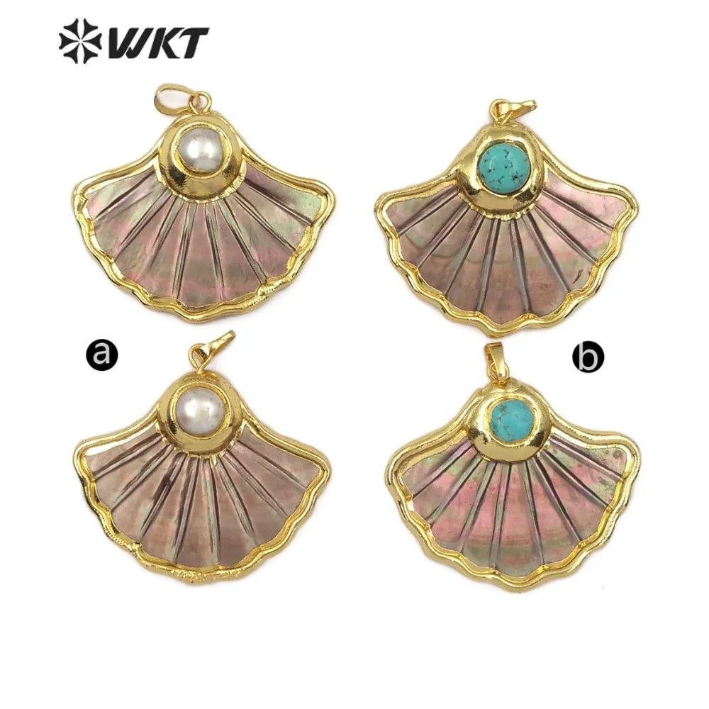 WT-JP102 Bohemian Style Natural Black Shell Fan-Shape Pendant With Gold Decoration For Handmade  Jewelry