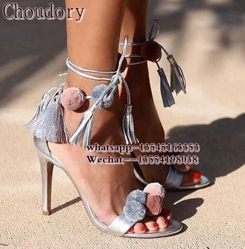 hot selling women multi color pom pom sandals thin high heel fringe lace up cover heel sandals open toe fashion party footwear