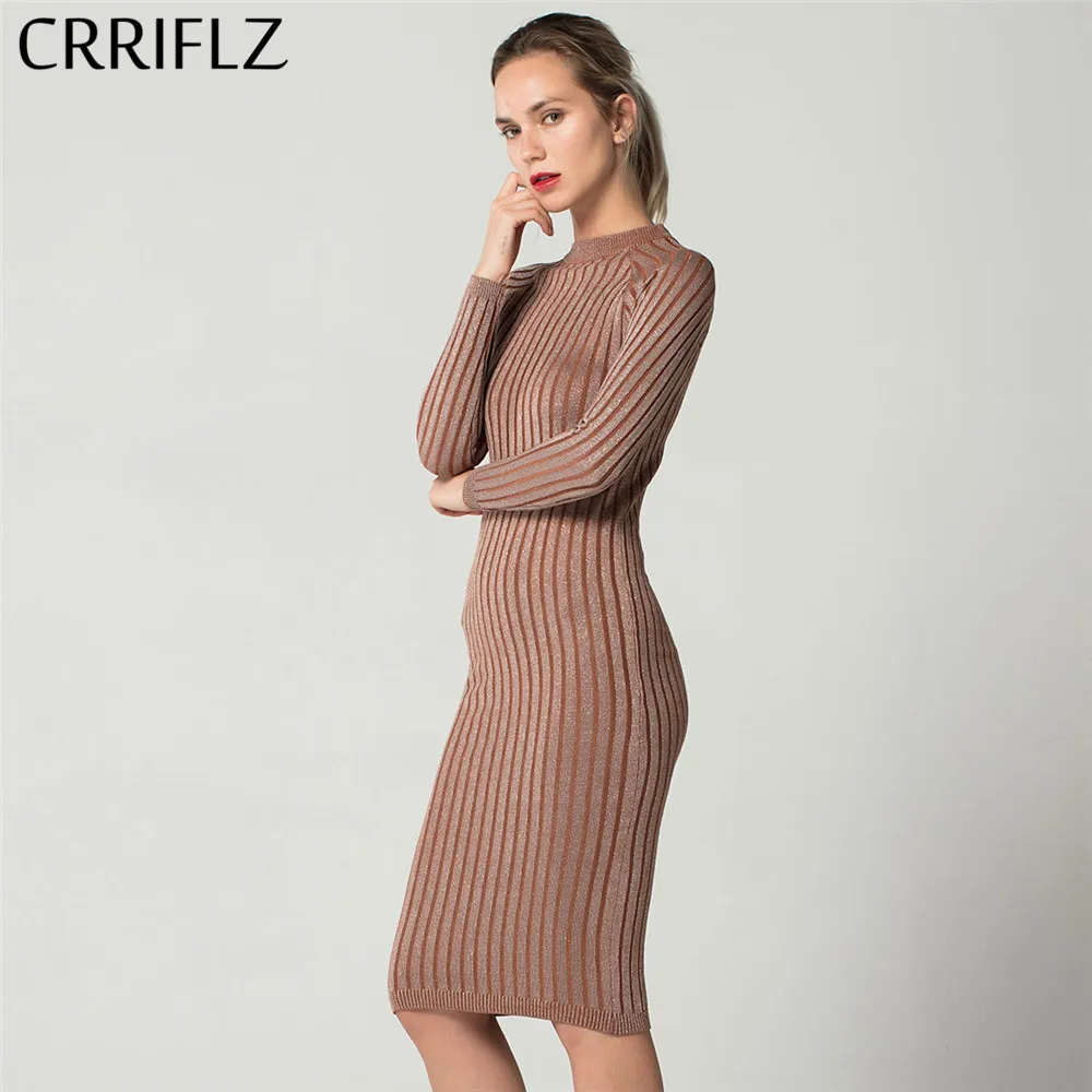 CRRIFLZ Slim Bright Silk Dress O Neck Knit Long Sleeve Dress For Women Bodycon Pencil Dress Office Lady Spring Autumn