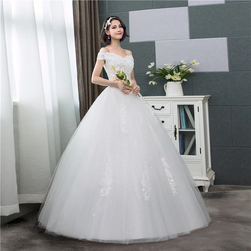 Tanie koronkowe suknie ślubne 2020 dekolt w szpic off the shoulder Tulle w stylu koreańskim naszycie ślubne suknie ślubne Robe De Mariage