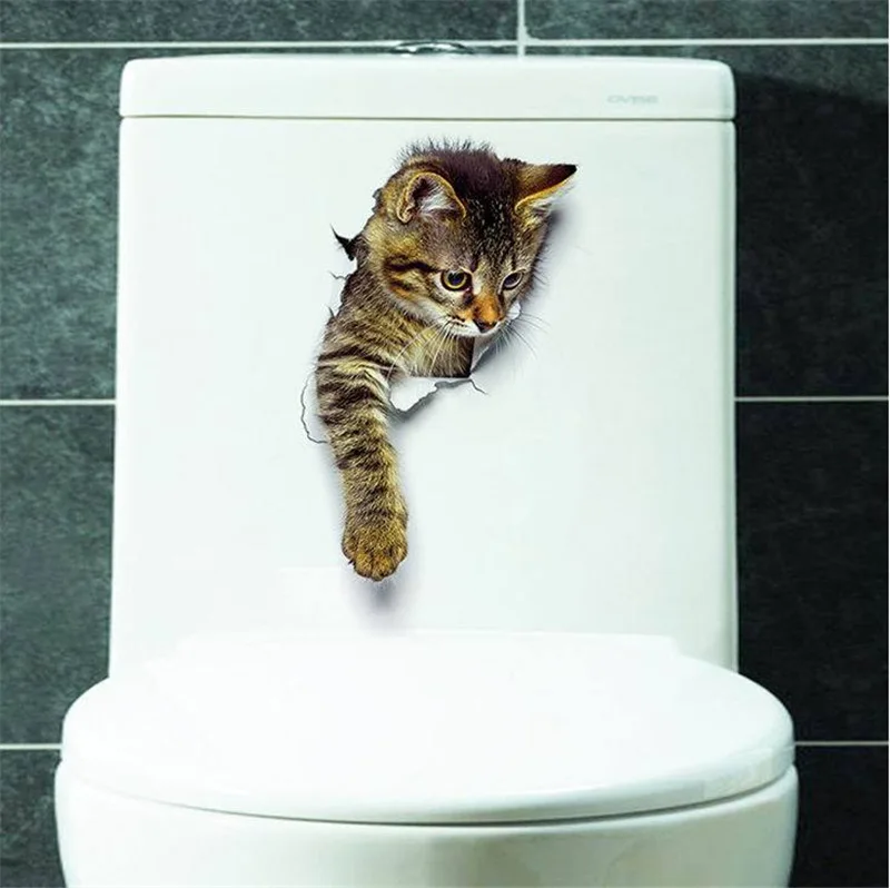 Cat Dog Toilet Stickers Vivid 3D Look Wall Decals Funny Animals Home Decoration Poster Diy Pvc Bathroom Mural Art