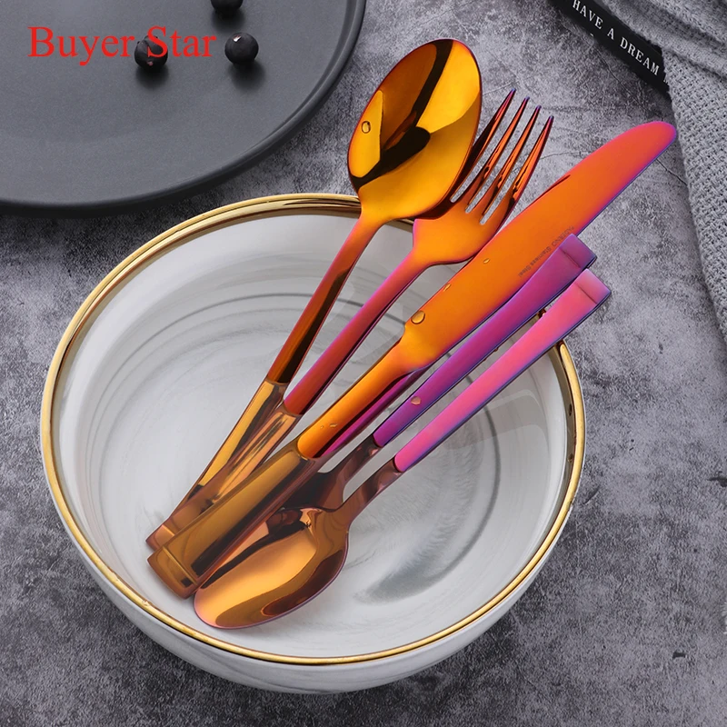 5-40PCS Stainless Steel Flatware Set Square Edge Service for Knife Fork Spoon Salad Fork Dessert Spoon Dinnerware Tableware