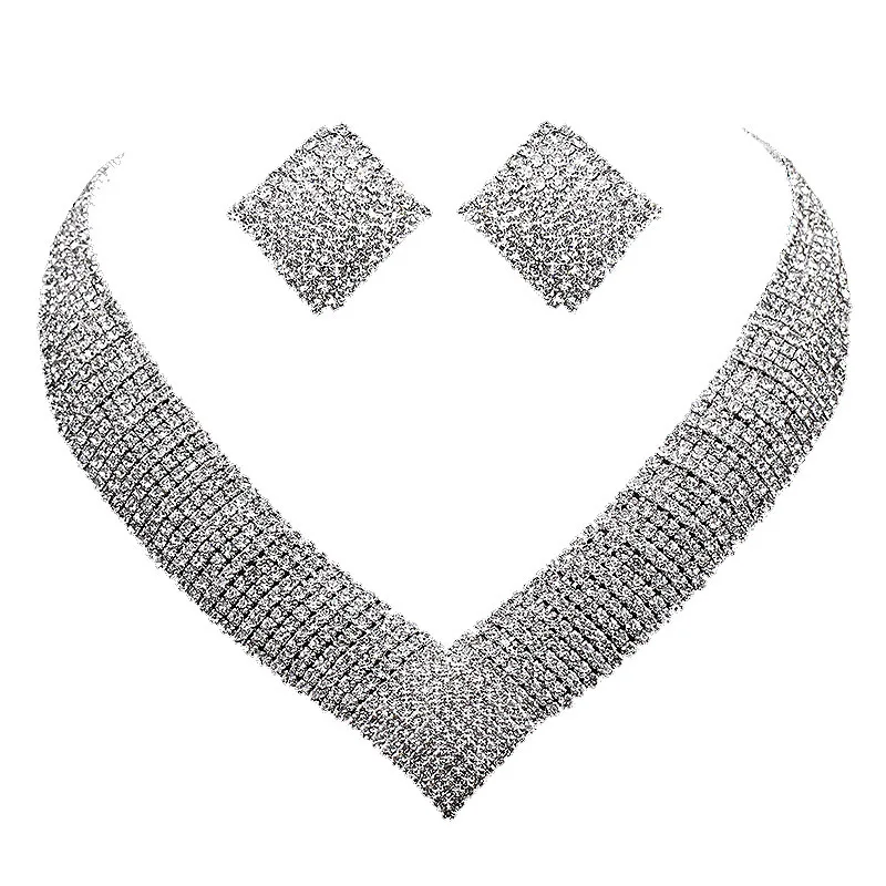 BLIJERY Luxury Statement Geometric Wedding Jewelry Sets for Women Full Rhinestone Crystal Necklace Earrings Bridal Jewelry Sets