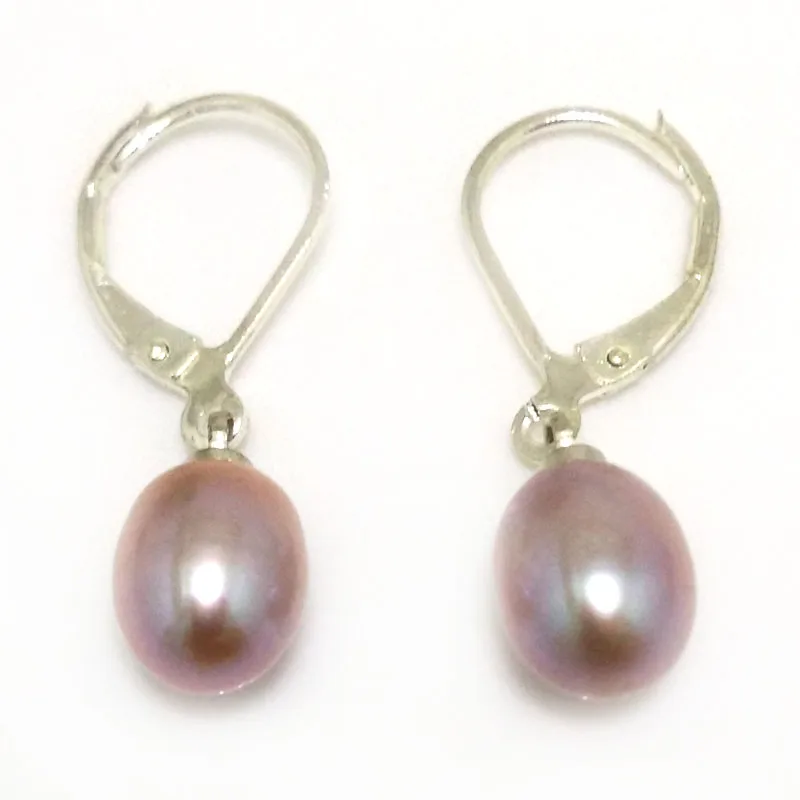 Wholesale 7-8mm Natural Lavender Natural Rainrdrop Pearl Silver Leverback Earring