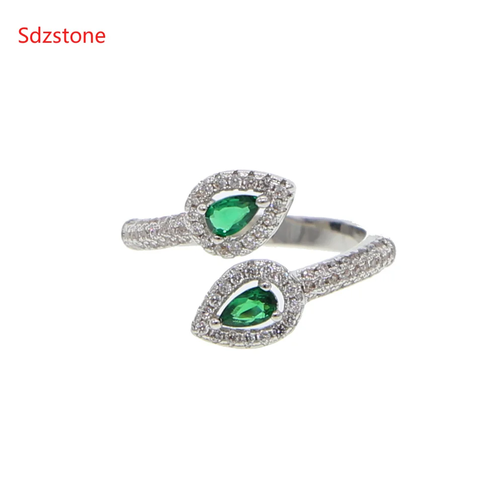 multicolored CZ drop rings silver color adjustable size ring for womens red green stones female little dainty opening ring
