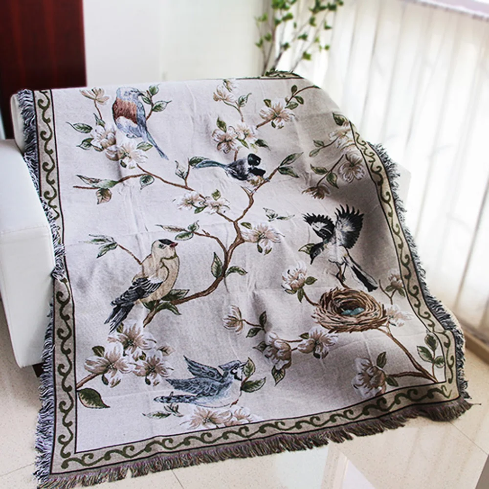 ESSIE HOME Nest And Bird American Style Sofa Blanket Cotton Rug Living room Sofa Blanket Sofa Rug Living Room Blanket Tapestry