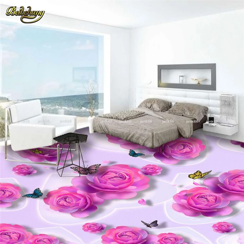 beibehang Pink rose butterfly Modern Floor painting Modern Art pebbles flower Waterproof Bathroom kitchen balcony PVC Wall paper