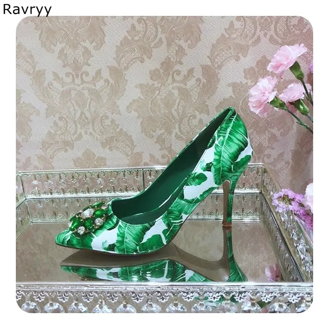 Green Crystal woman\'s high heels leaf print female dress shoes rhinestone sexy pumps pointed toe stiletto slip-on single shoes