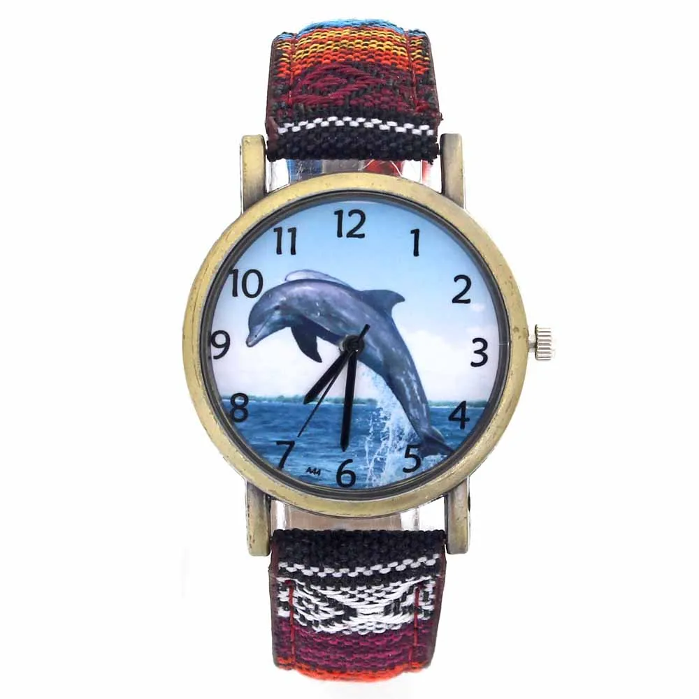 Dolphin Pattern Ocean Aquarium Fish Fashion Casual Men Women Canvas Cloth Strap Sport Analog Quartz Watch