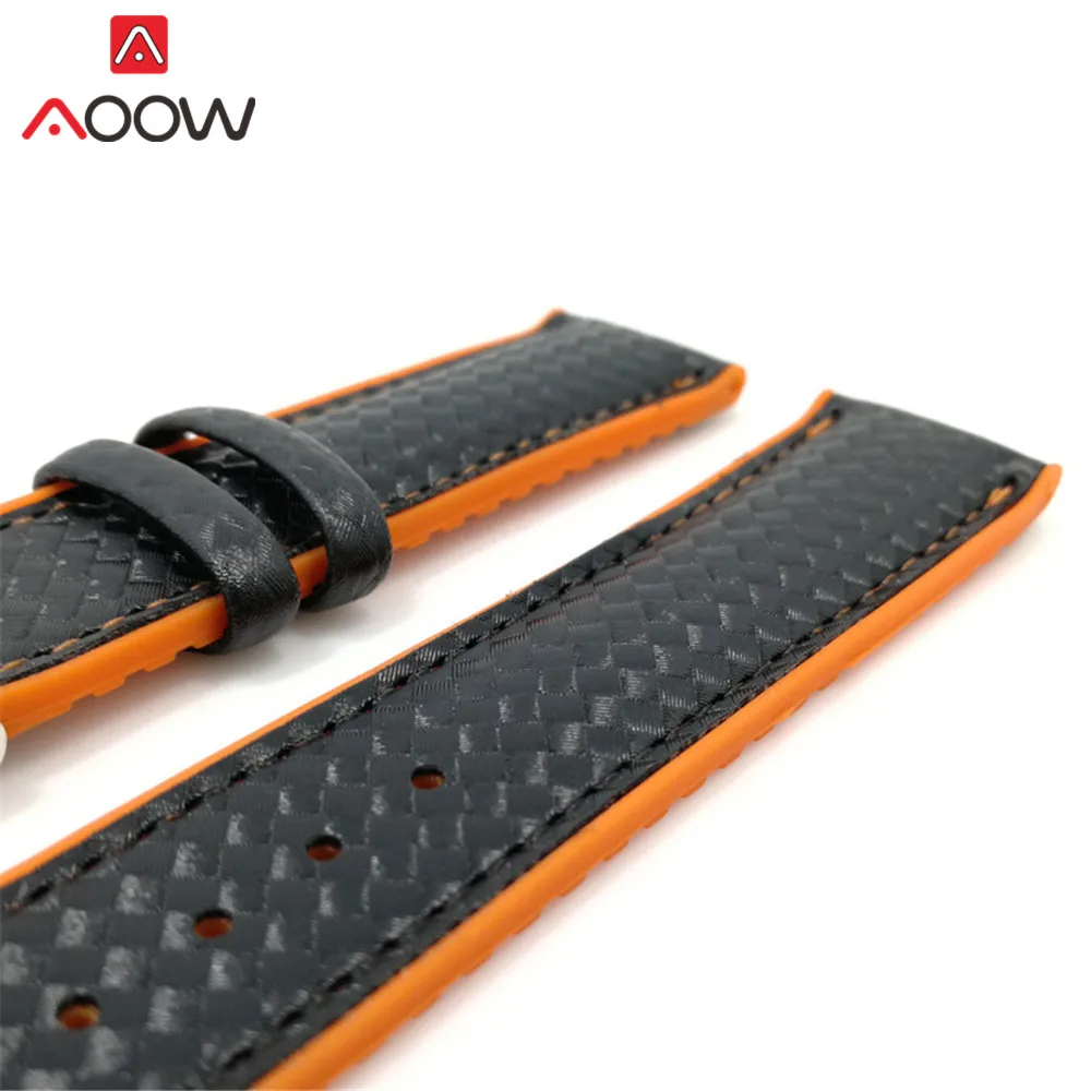 18mm 20mm 22mm Silicone Strap Carbon Fiber Leather Sweat proof Rubber Replacement Bracelet Band Men Watch Accessories Orange