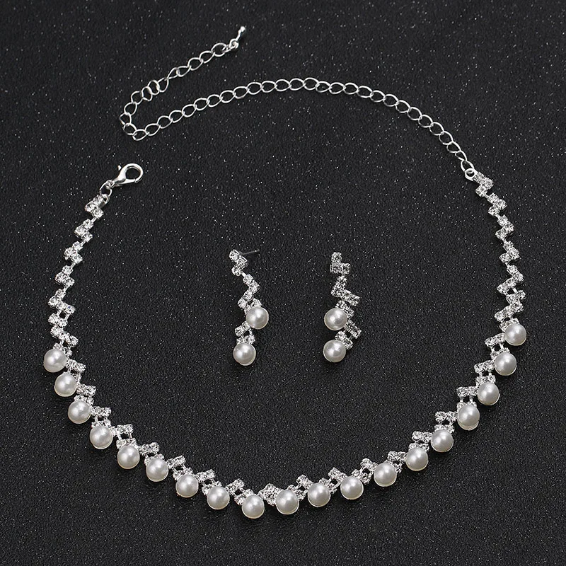 TREAZY Pearl Crystal Bridal Jewelry Sets Silver Color Waving Choker Necklace Earrings Sets for Women Party Wedding Jewelry Sets