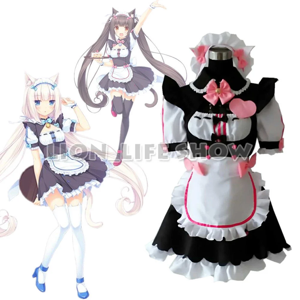 Biamoxer Womens NEKOPARA Chocola Vanilla Maid Cosplay Costume Sexy Cute Dress Full Set