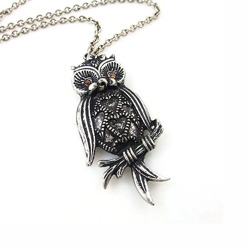 Cute Engraved Owl Heart Rhinestone Pendant Long Necklace for Women Lady Vintage Style Retro Animal Metal Necklaces Gift Jewelry