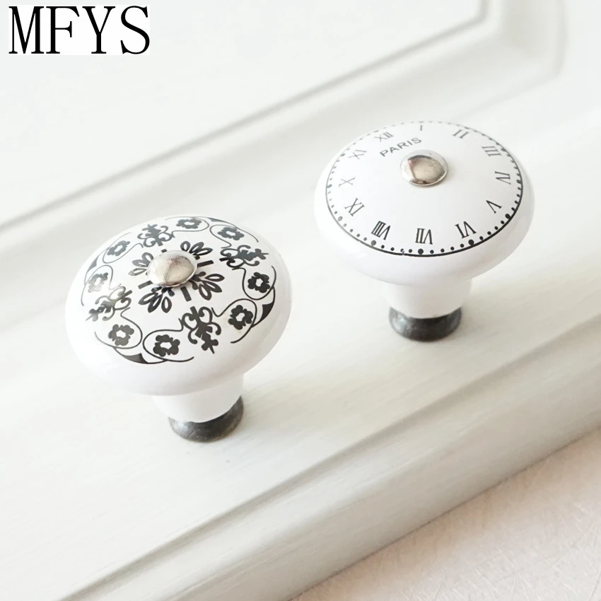 Black White Ceramic Clock/Flower Dresser Knobs Handles Decorative Drawer Knobs Furniture Knobs Chic Kitchen Cupboard Door Handle