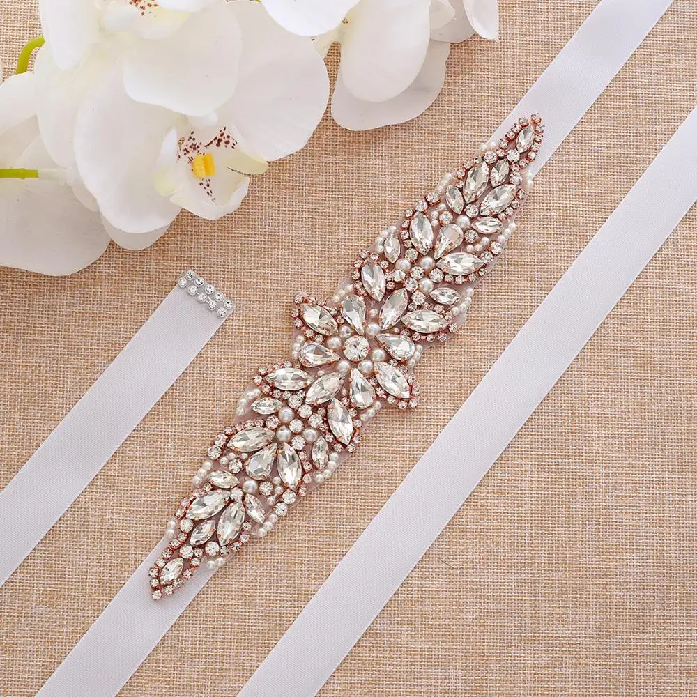 SESTHFAR Rhinestones Bridal Belt Handmade Pearls Belt Rose Gold Rhinestones Wedding Belt For Wedding Dress