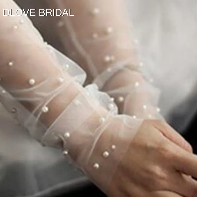 Vintage Pearl Sheer Tulle Gloves Wedding Bridal Party Gloves Fingerless Elbow Photo Shooting Accessory 30cm