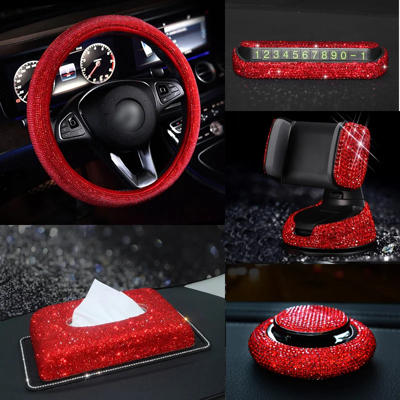 Accesorios interiores de coche de diamantes de imitación rojos para mujer, cubierta de volante de diamante, soporte de montaje de coche de cristal, llavero, caja de pañuelos, decoración