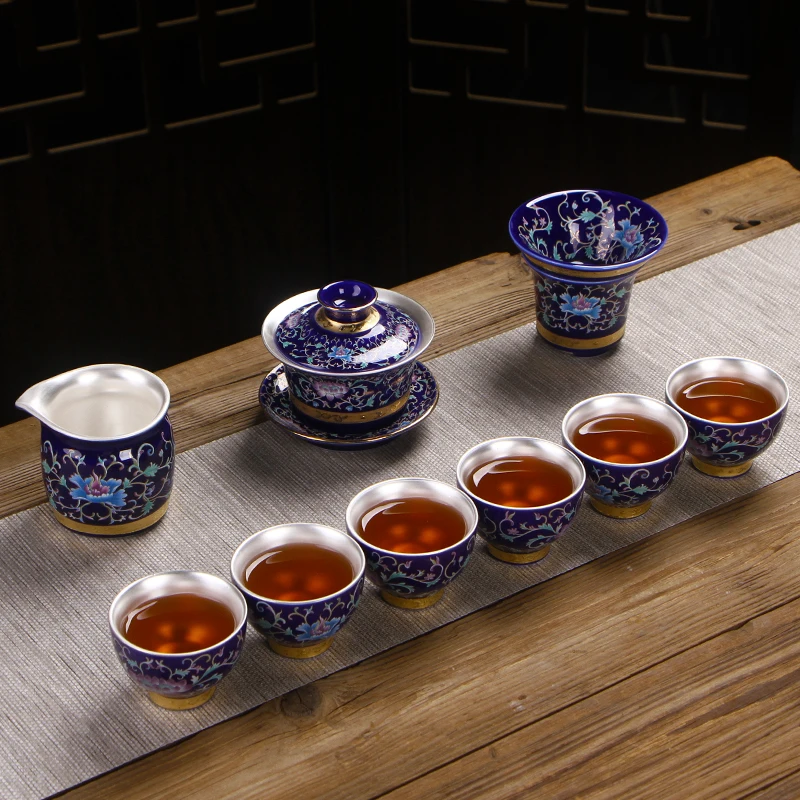 999 Foot Silver Kungfu Teaware Set Complete Blue And White Porcelain Silver Covered Bowl Set Silver Gift Teaware Gift Box