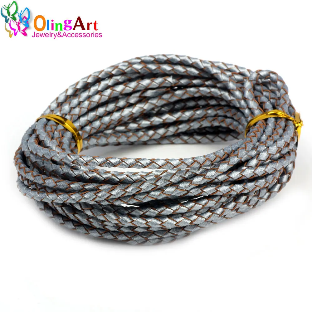 OlingArt 3mm 2Yard Gold/Silver Round Genuine Braided Leather Cord women earrings Bracelet necklace wire DIY jewelry making New