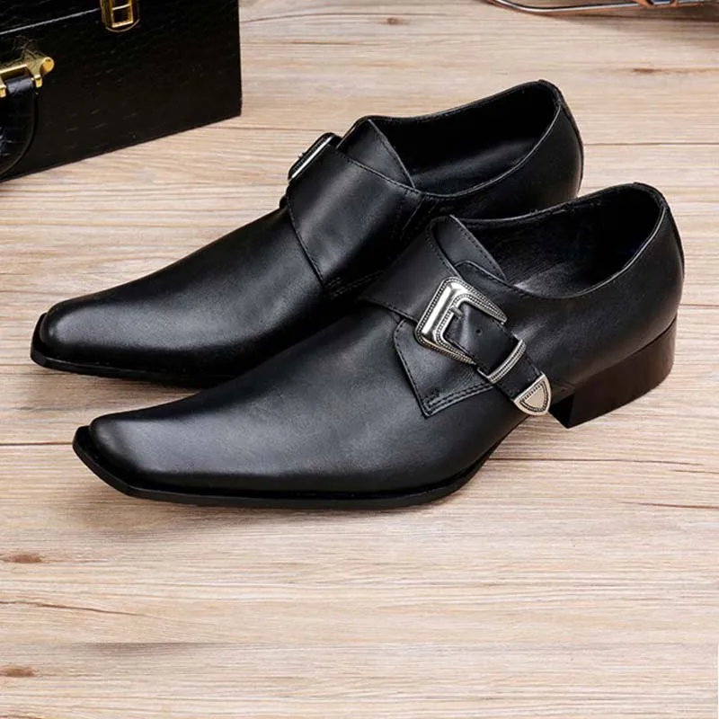 Fashion Genuine Leather Metal Buckle Men\'s Dress Shoes Formal Wedding Office Man Black Pointed Toe Business Luxury Shoes 38-46