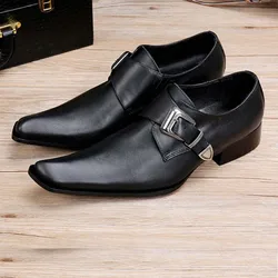 Fashion Genuine Leather Metal Buckle Men's Dress Shoes Formal Wedding Office Man Black Pointed Toe Business Luxury Shoes 38-46