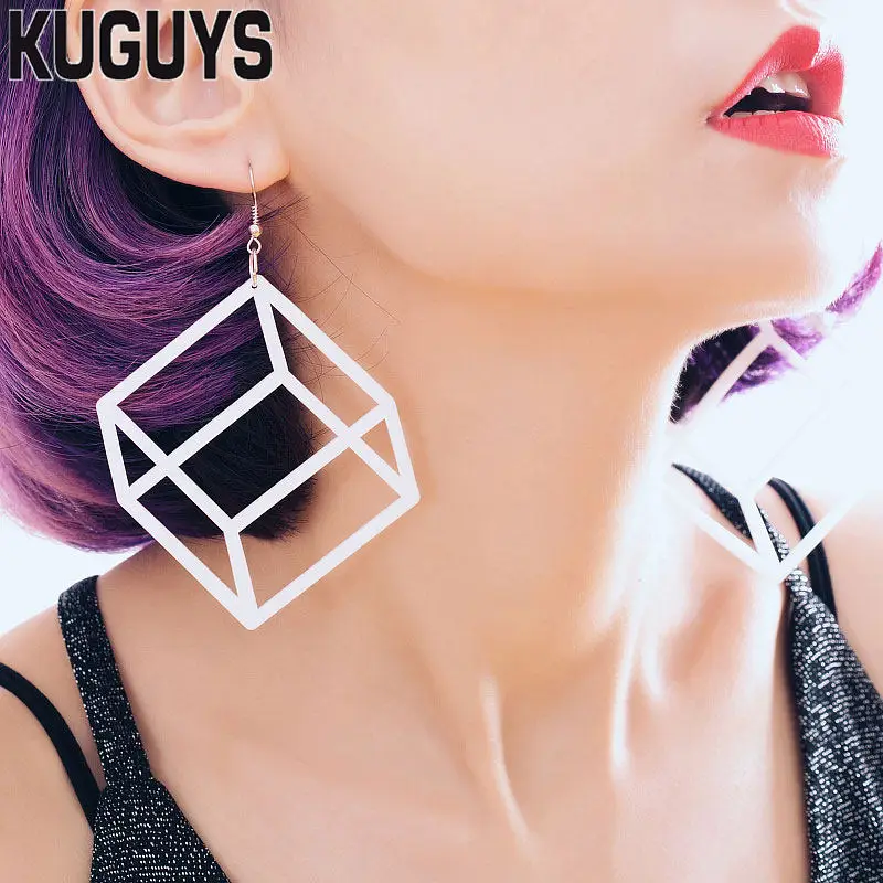 KUGUYS Square Cube Drop Dangle Earrings for Women Geometric White Pink Green Black Acrylic Hyperbole Neon Trendy Jewelry