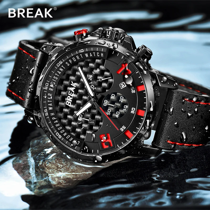 BREAK New Fashion Relogio Masculino Quartz Men Watch Top Brand Luxury Leather Watches Waterproof Multifunction clock Sport Watch