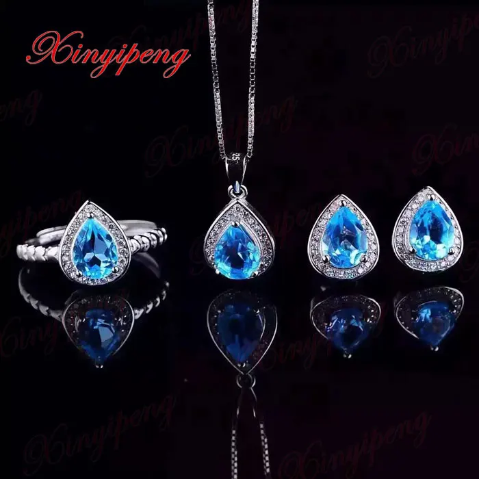 

925 silver natural topaz stone jewelry suit Ms. Water ring necklace pendant earrings fine jewelry