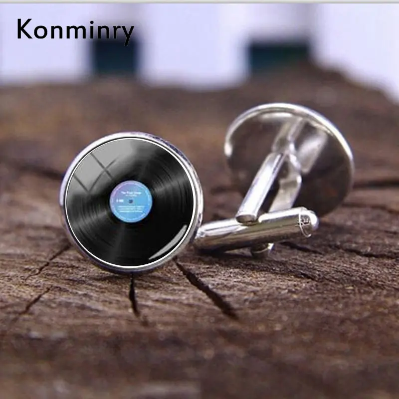 Konminry Classic Vinyl Record Cufflinks DJ For Men Retro Music Art CuffLinks Round Dome Glass Fashion Men Women Jewelry