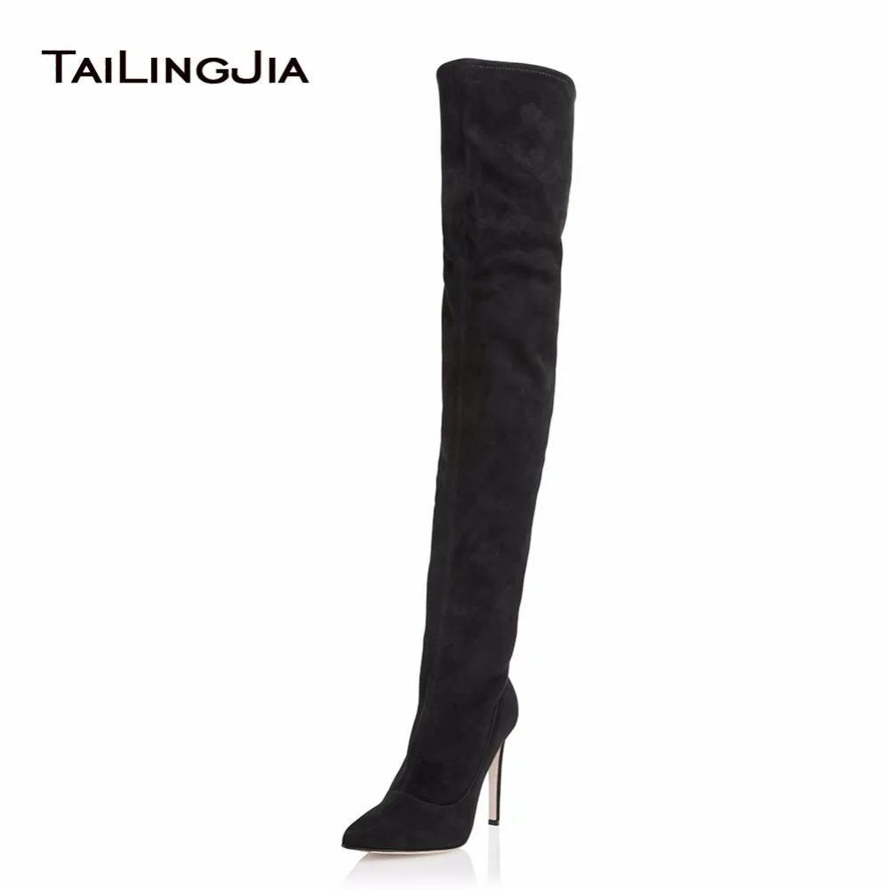 

Women Heel Black Stretch Suede Over Knee Thigh High Boots Ladies Pointed Toe High Heel Winter Keep Warm Shoes Free Shipping