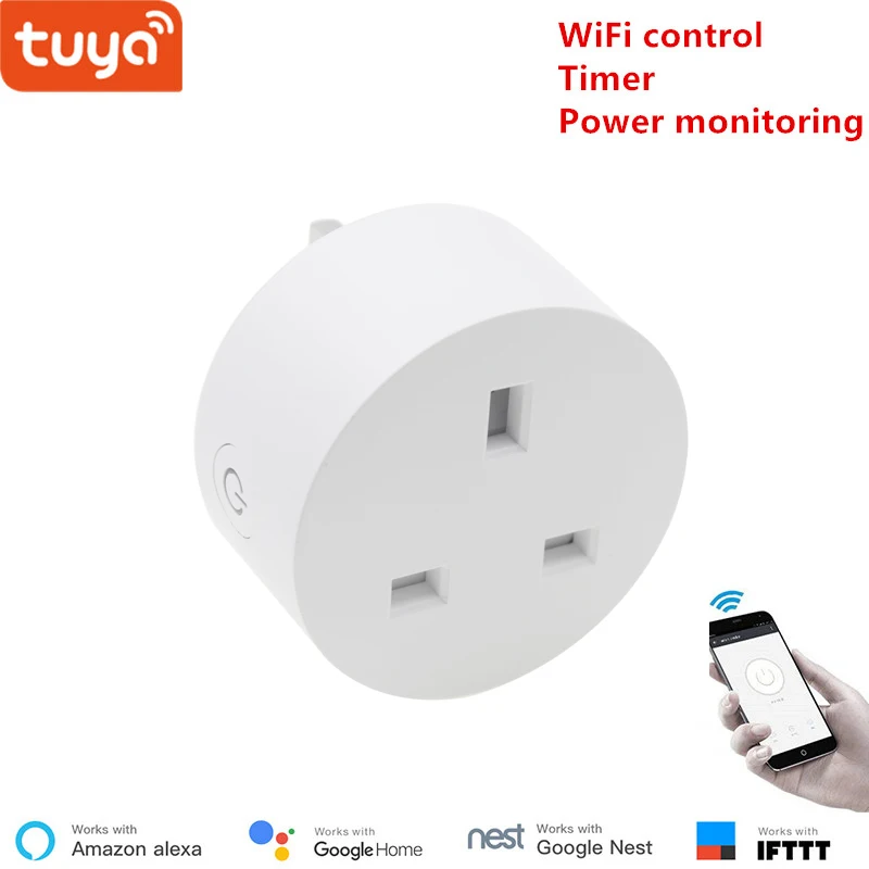 

Tuya WiFi smart socket wireless plug UK 3 pin smart home switch compatible with Google home and Alexa voice control