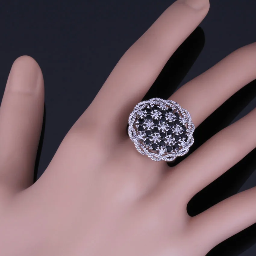 Absorbing Big Flower Black Cubic Zirconia White CZ Silver Plated Ring V0521