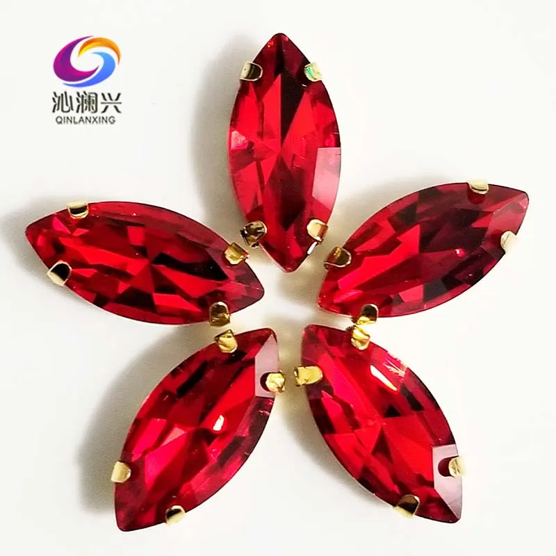 

Red Color Eye Shape Glass Crystal Sew on Stones,Golden Bottom Loose Rhinestones, Diy/Clothing Sewing Accessories SWMG07