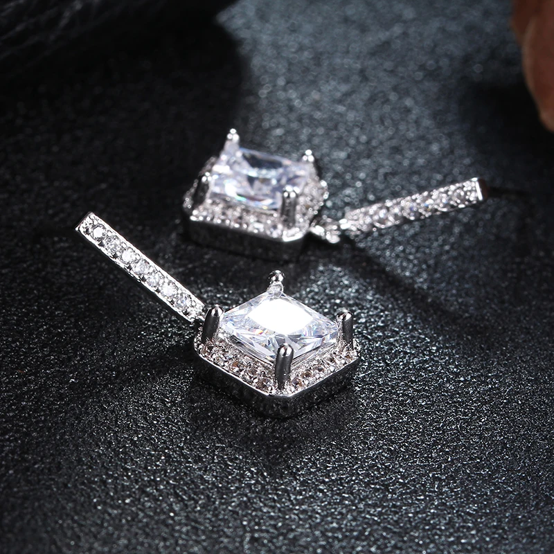 Fine Jewelry Drop Earrings For Women 925 Silver Needle White Gold Plated Wedding Stud Earring Square Cubic Zirconia Stone E033