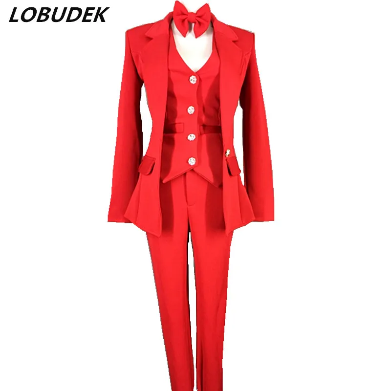 Bar Nightclub Female Jazz Rock Hip-Hop Dance Outfit Singer Host Performance Stage Costume Red Vest Jacket Trousers 3 Pieces Set