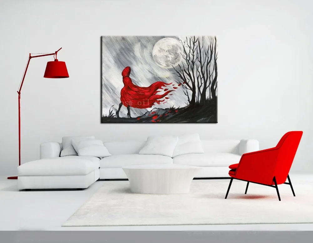 

OSM Top Artist Handmade Black and White Style a Alone Lady in Red Nite Moon Oil Painting Hand-painted Wall Art Abstract Pictures