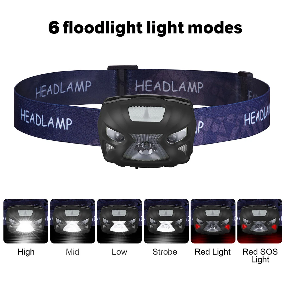 USB Rechargeable LED Headlamp Sensory switch 6 lighting modes White light + Red light For night fishing, camping, adventure,etc.